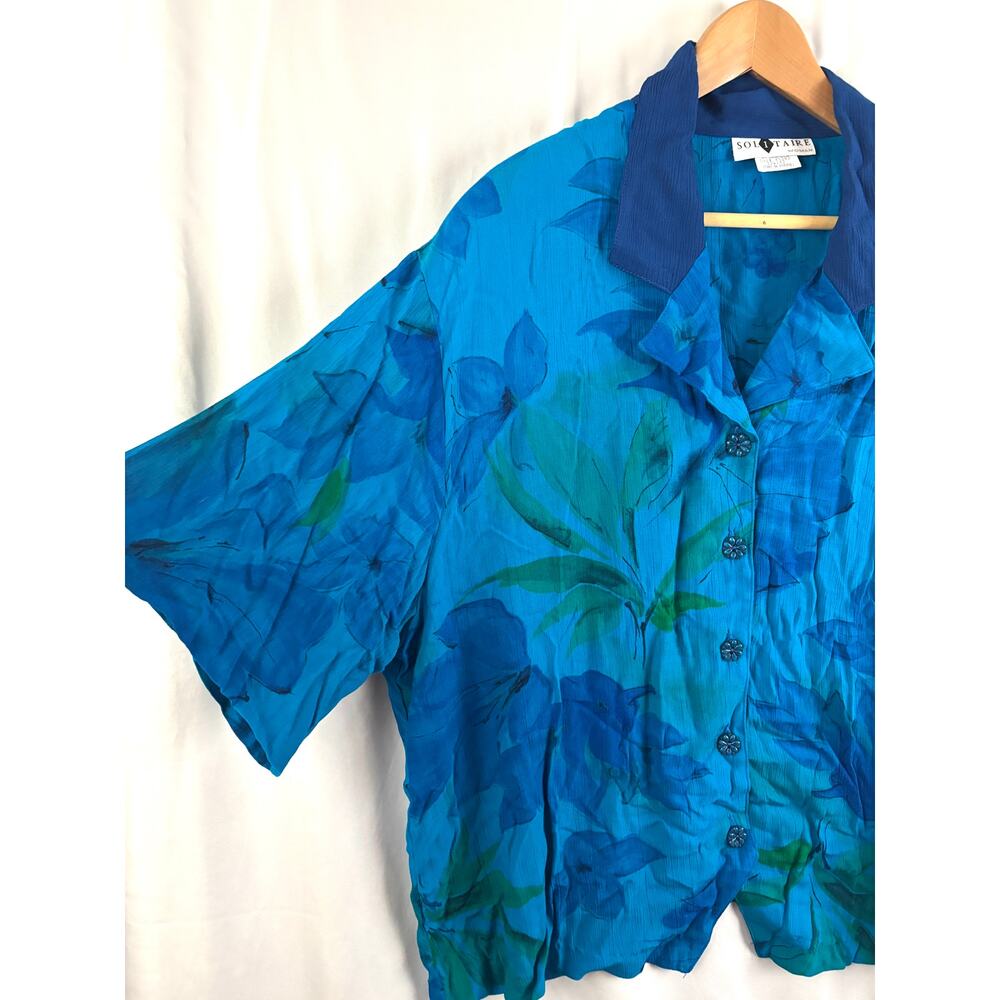 VTG Solitaire‎ Womens Blue Green Floral Button Down Shirt Rayon Short Sleeve 22W - Picture 8 of 8